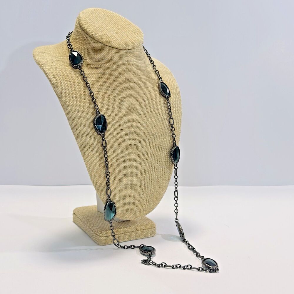 18" Necklace Chico's Clear Green Glass Faceted Beads Black Chain Single Strand